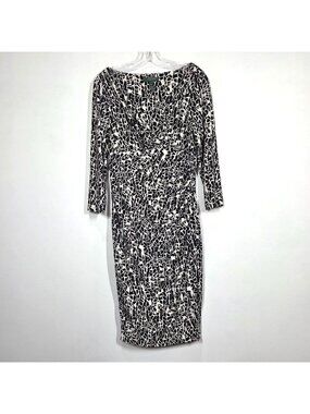 Lauren Ralph Lauren Dress Womens 10 Black White Faux Wrap Stretch Preppy